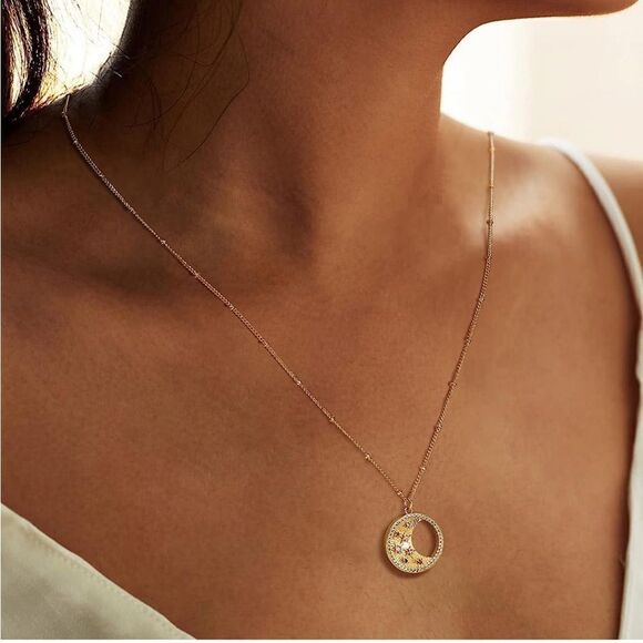 Gold 14k Gold Plated Half Moon Cubic Zirconia Necklace - Picture 1 of 3